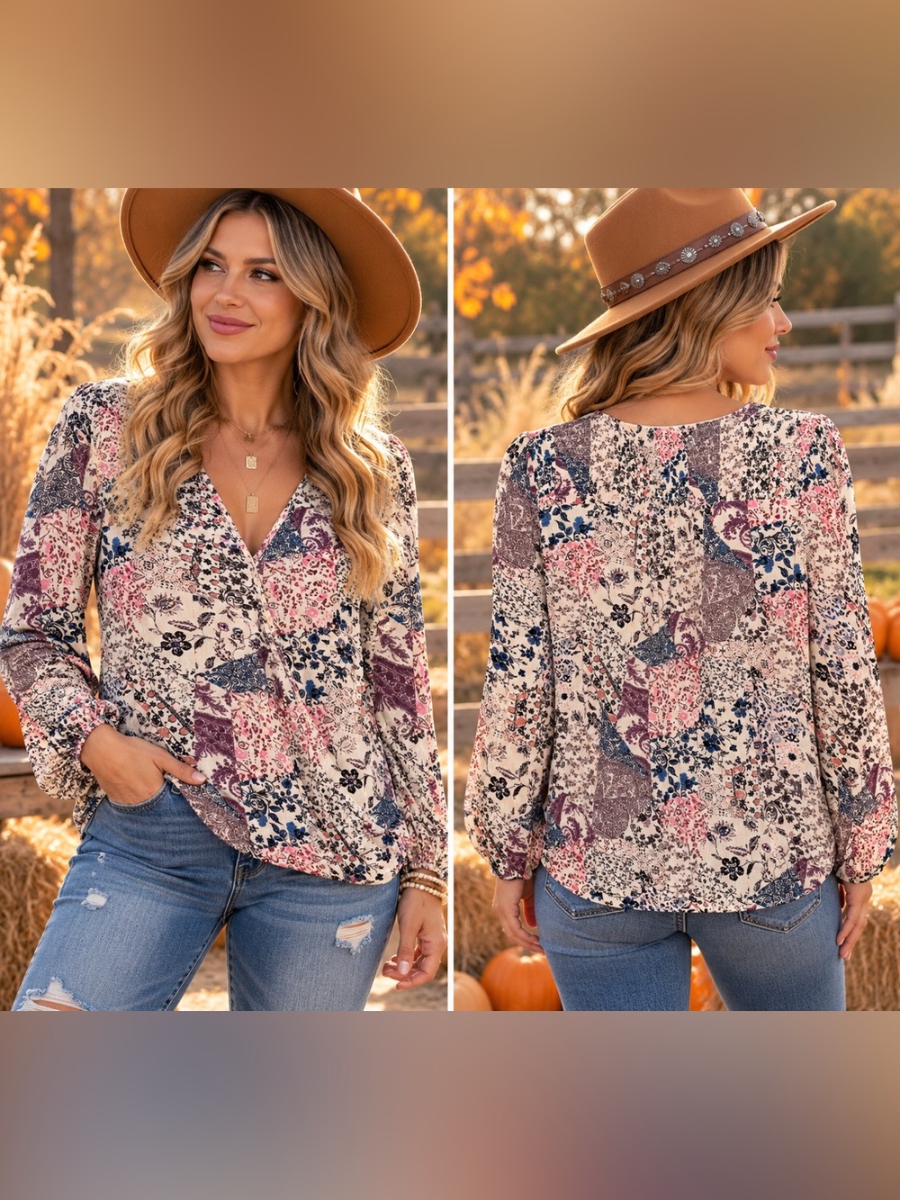 Knox Rose Patchwork Floral V-Neck Blouse - Cream, Pink, Blue